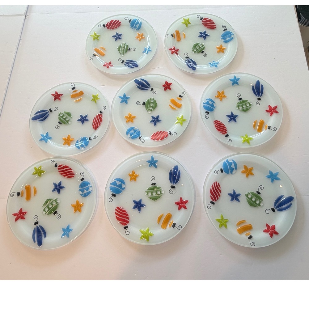 Fused Glass Christmas Ornament Dessert Plates Set of 8 Frosted Holiday 8 inch